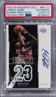 2003-04 UD "Exquisite Collection" Number Piece Autographs #LJ LeBron James Signed Game Used Patch Rookie Card (#18/23) – PSA Authentic, PSA/DNA 10